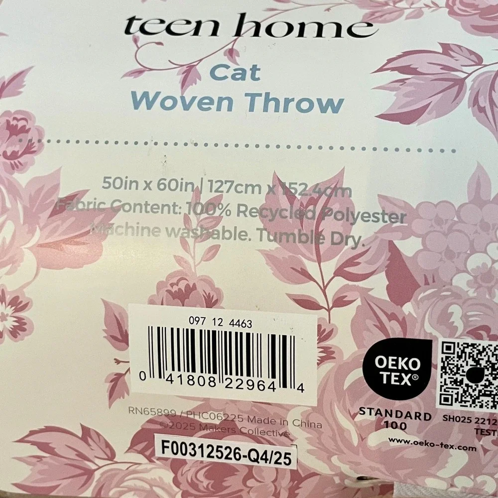Teen Home Pink Floral Cat Woven Throw Blanket 50x60 White Persian Kitten Rose